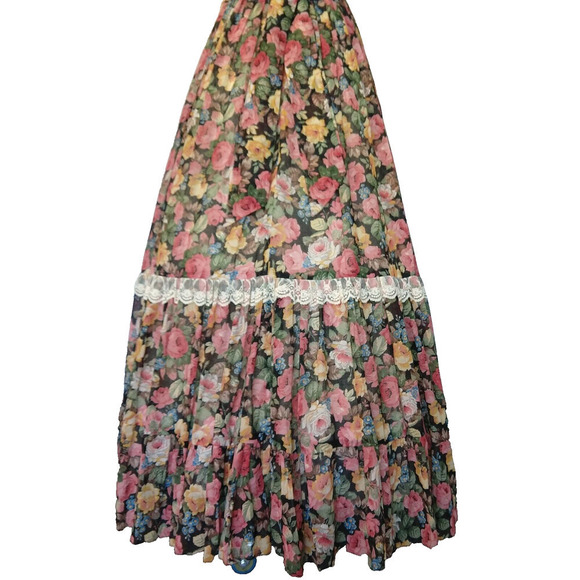 Gunne Sax Black Floral Corset Maxi Dress Size 13 Vintage 70s Prairie Roses Lace - Picture 9 of 15